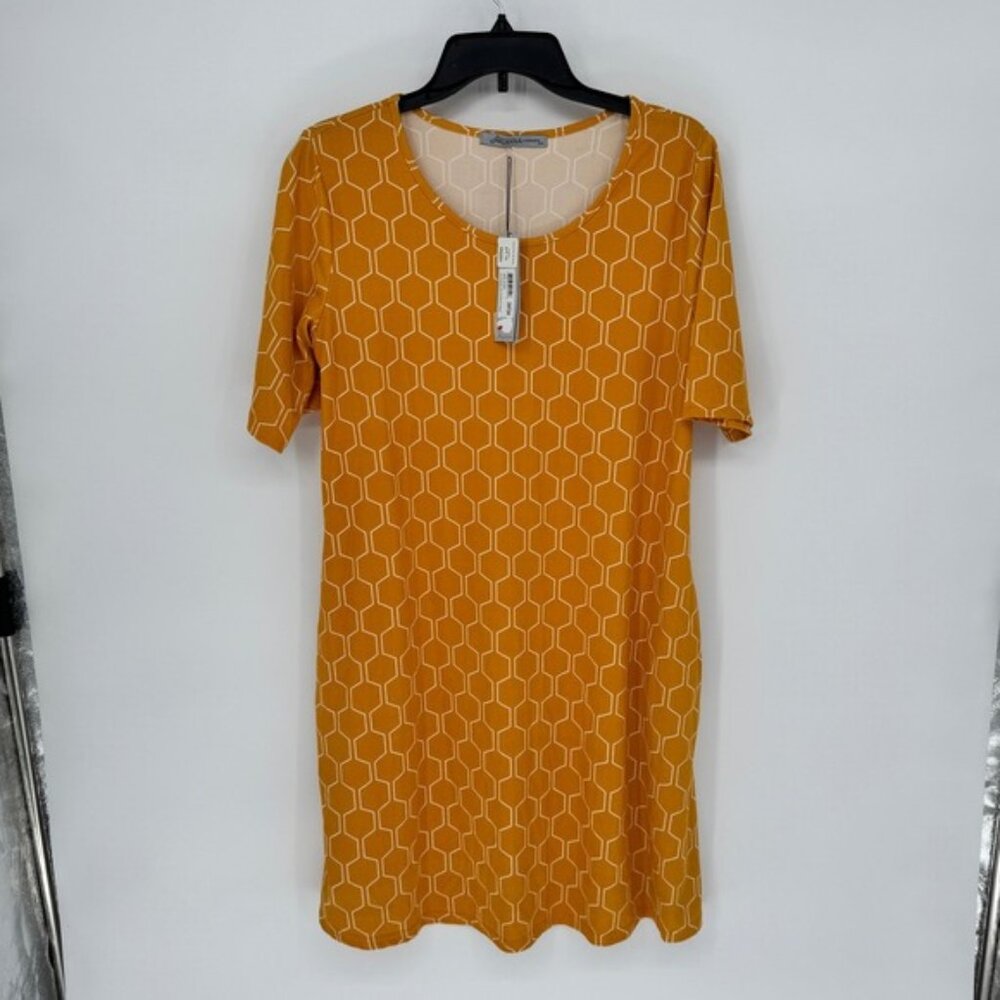 Arianna by Howards Womens Small Medium Gold Hexagon Print Short Sleeve Dress New
